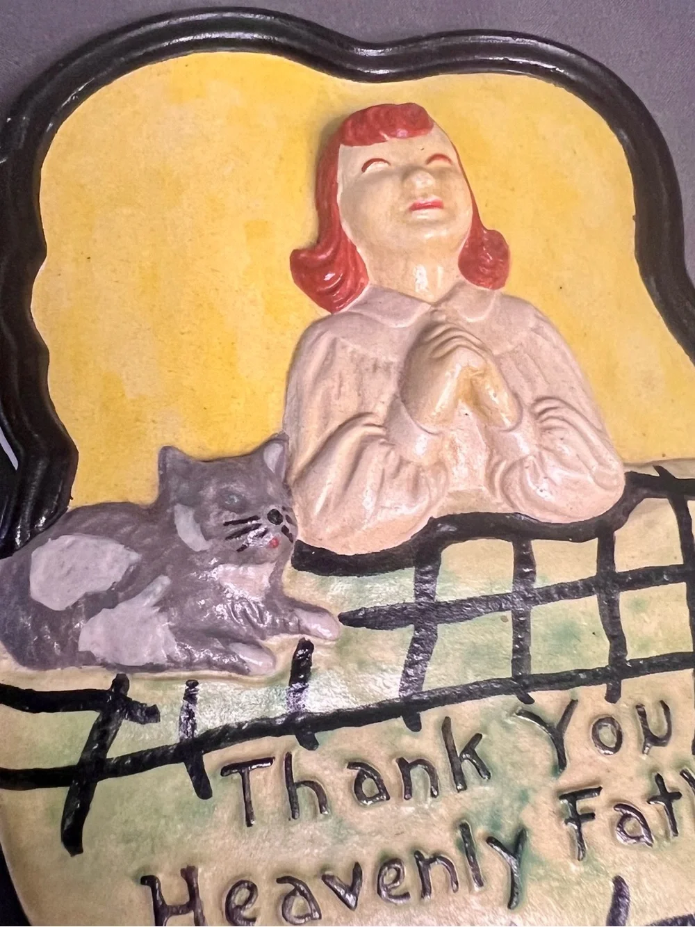 VTG Chalkware Wall Decor Red Head Let & Gray Cat “Thank You Heavenly Father”